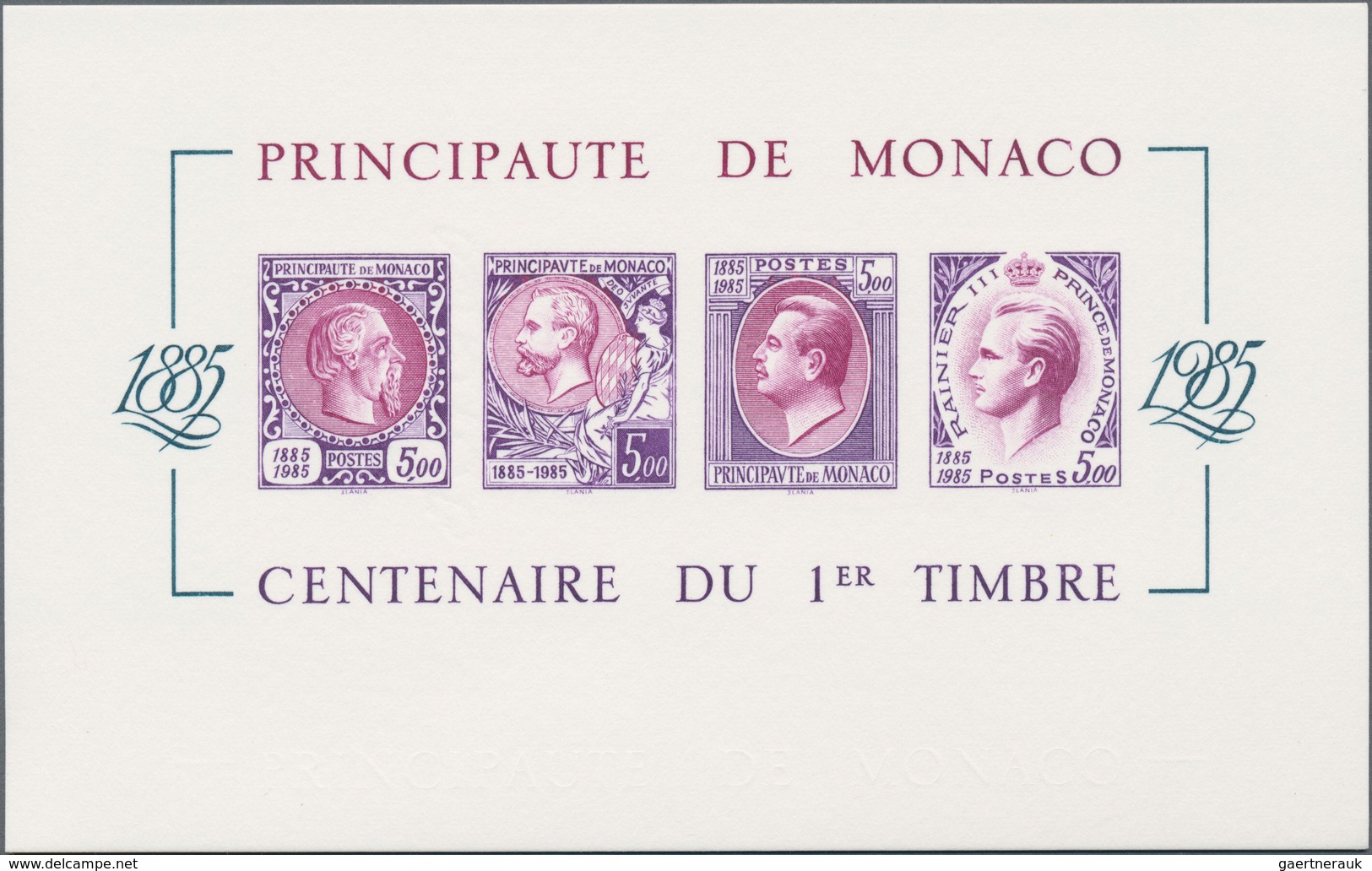 Monaco: 1985, Stamp Centenary Souvenir Sheet, Epreuve De Luxe In Differing Colours "Lilac/Purple" On - Gebruikt