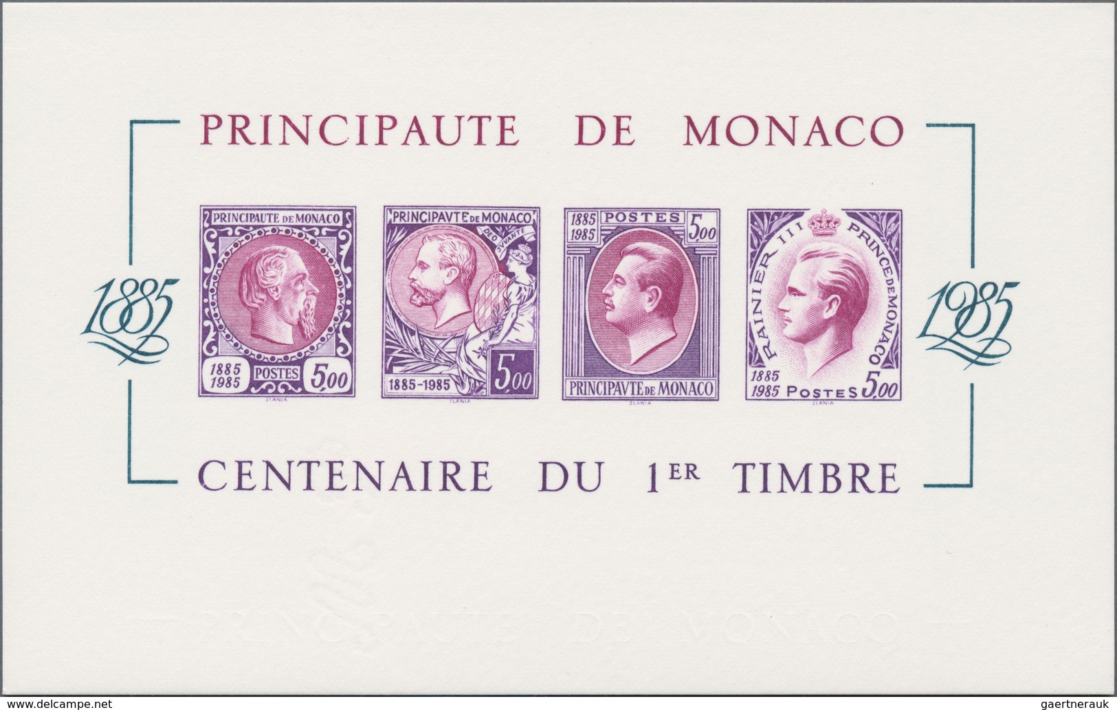 Monaco: 1985, Stamp Centenary Souvenir Sheet, Epreuve De Luxe In Differing Colours "Lilac/Purple" On - Usati