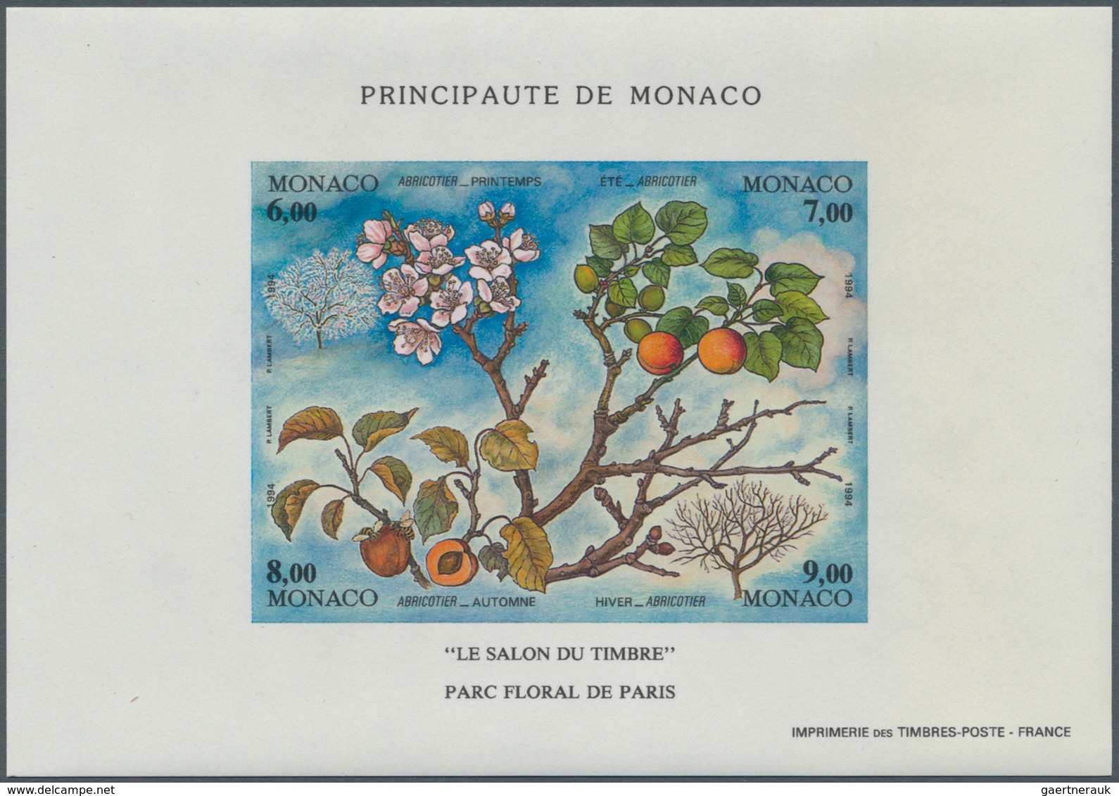 Monaco: 1994, The Four Seasons(Fruits), Souvenir Sheet IMPERFORATE, 100 Pieces Unmounted Mint. Maury - Usados