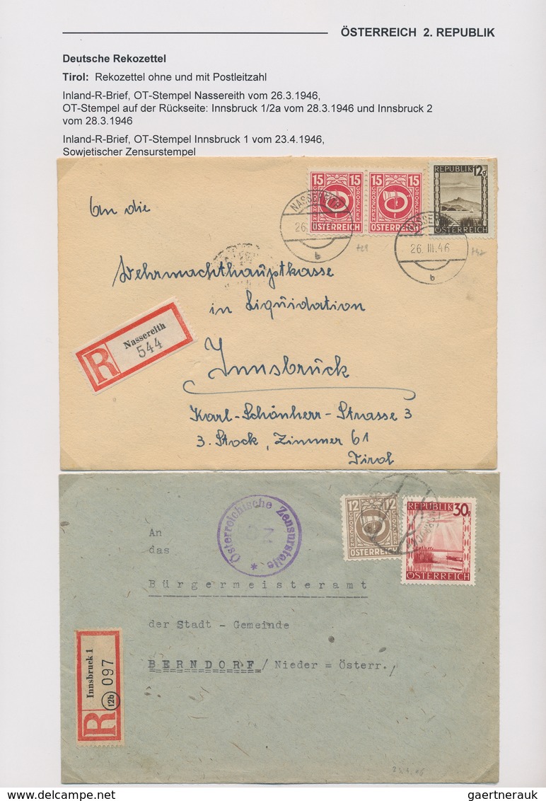 Österreich: 1945/1952, REKOZETTEL, Sammlung Mit 38 Einschreibebriefen Mit Frankaturen Aus Den Versch - Collections