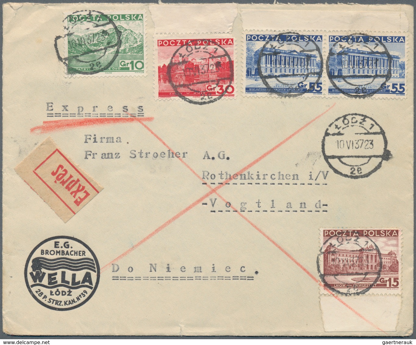 Polen: 1850/1954, covers/cards inc. prephilately (7, all Warszawa to Champaign producer Roederer Rei
