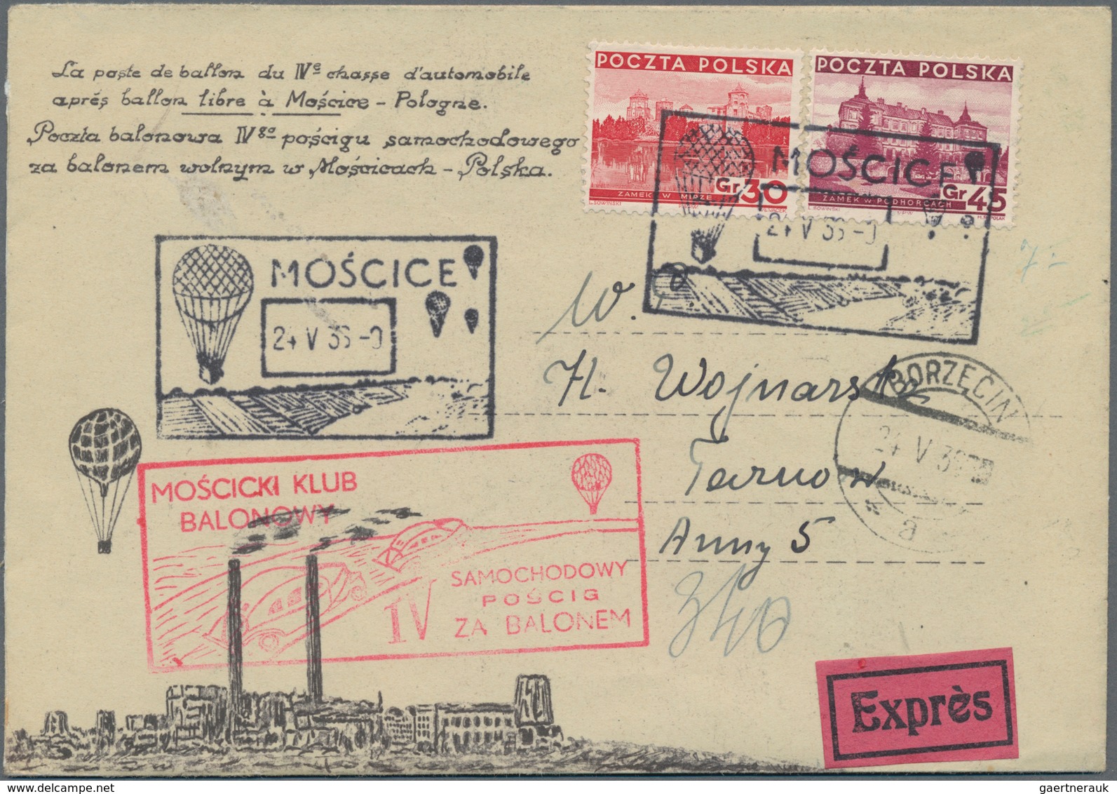 Polen: 1935/1936, BALLOON MAIL, Lot Of Five Entires (four Covers And One Upratd Stationery Cards), V - Briefe U. Dokumente