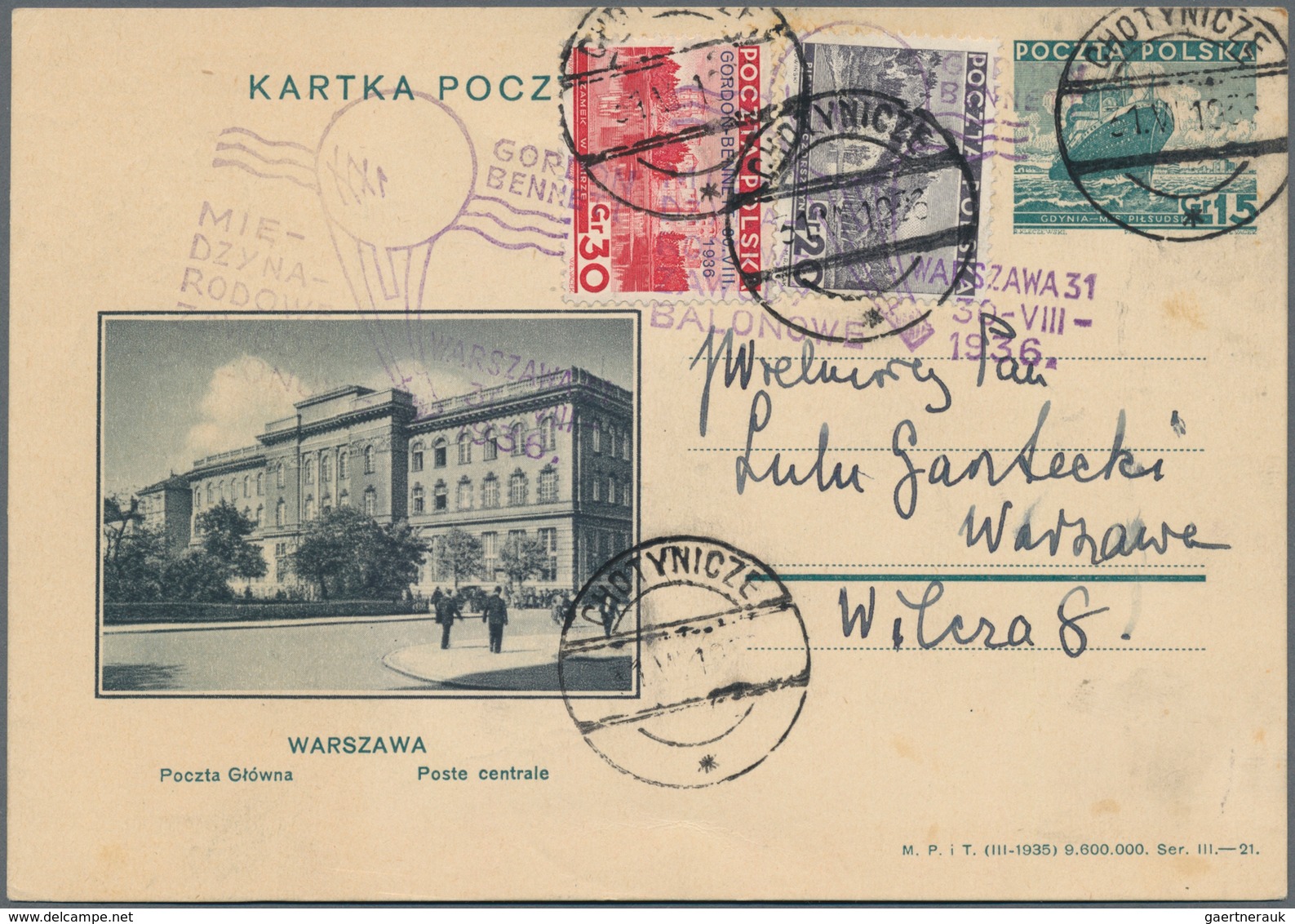 Polen: 1935/1936, BALLOON MAIL, Lot Of Five Entires (four Covers And One Upratd Stationery Cards), V - Briefe U. Dokumente