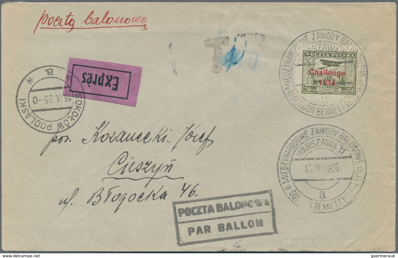 Polen: 1935/1936, BALLOON MAIL, Lot Of Five Entires (four Covers And One Upratd Stationery Cards), V - Briefe U. Dokumente