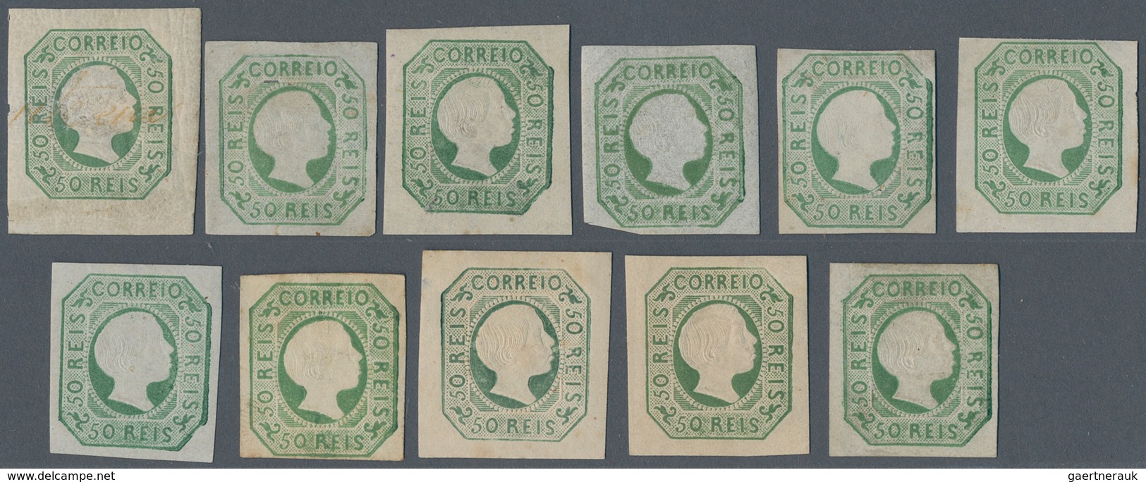 Portugal: 1855, Pedro 50 R. Green, Lot Of Eleven Copies And Reprints, Mint Hinged. Mostly In Good Co - Other & Unclassified