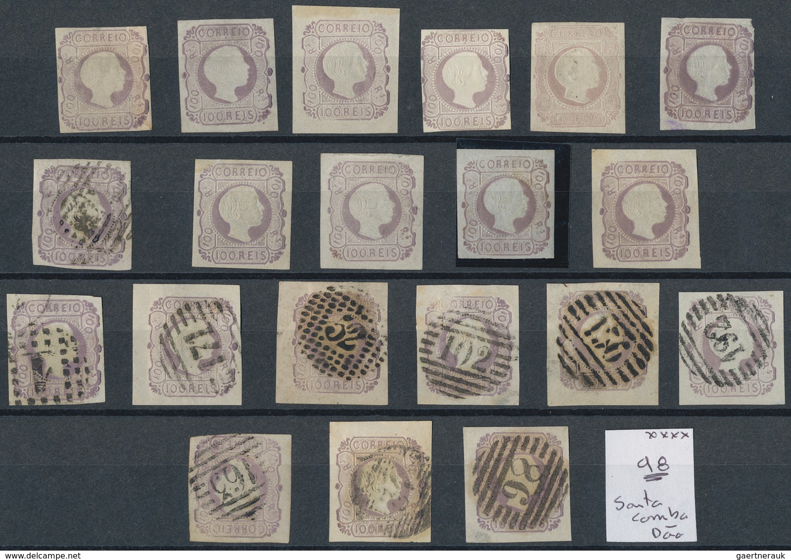 Portugal: 1855, Pedro 100 R. Purple, Lot Of Ten Copies And Reprints Mint Hinged And Ten Used Pieces. - Other & Unclassified
