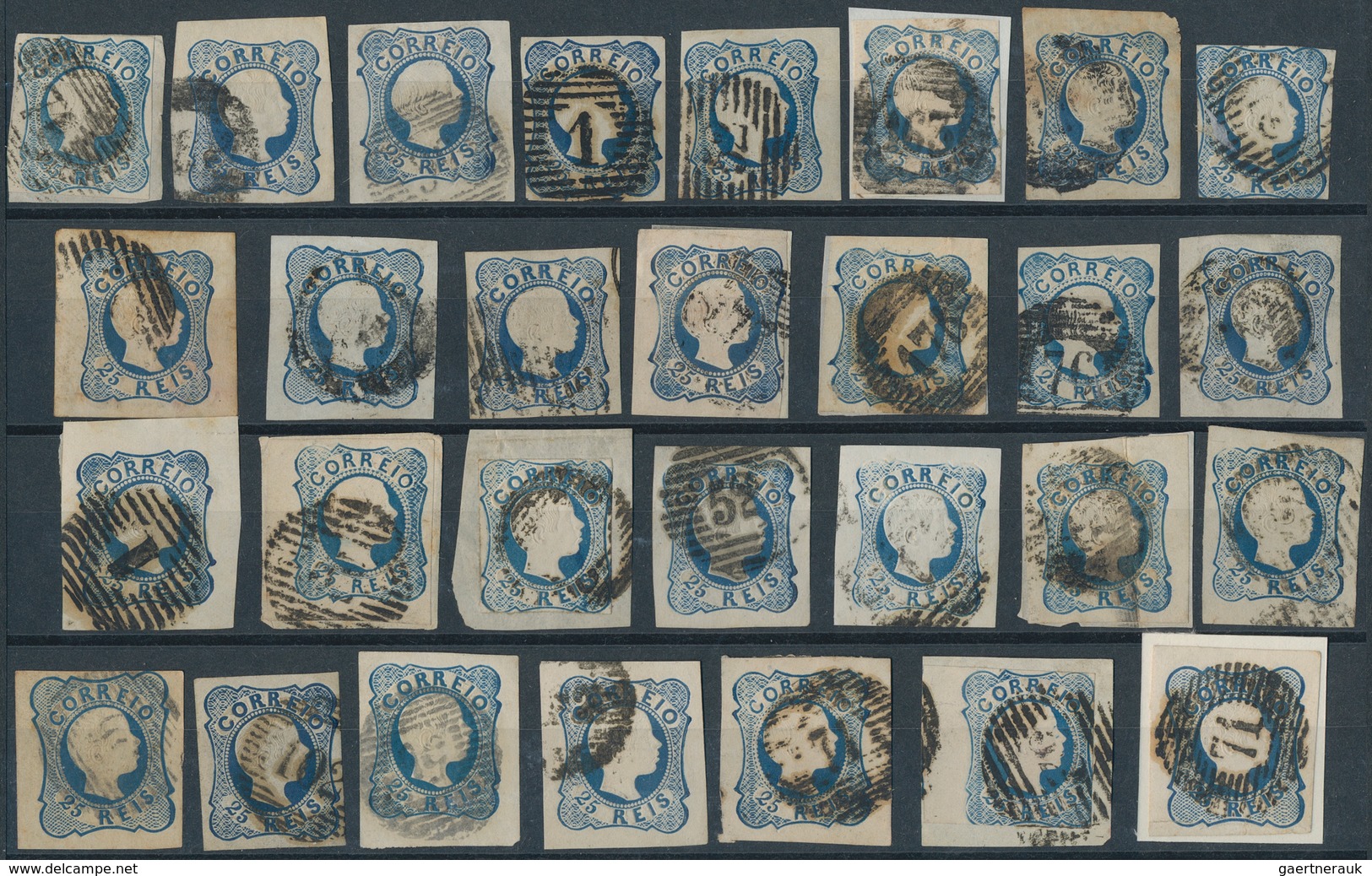 Portugal: 1856, Pedro 25 R. Blue, Double Lines, Ca. 290 Used Copies, Often With Nice Margins, Colour - Other & Unclassified