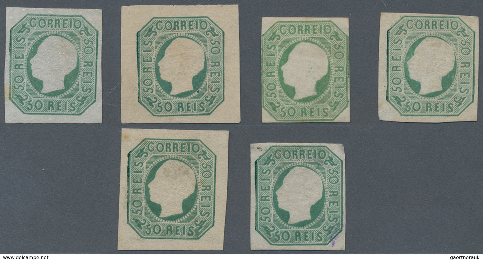 Portugal: 1862, Luis I. 50 R.green, Lot Of Four Unused Copies Of This Rare Stamp And Two Reprints, M - Other & Unclassified