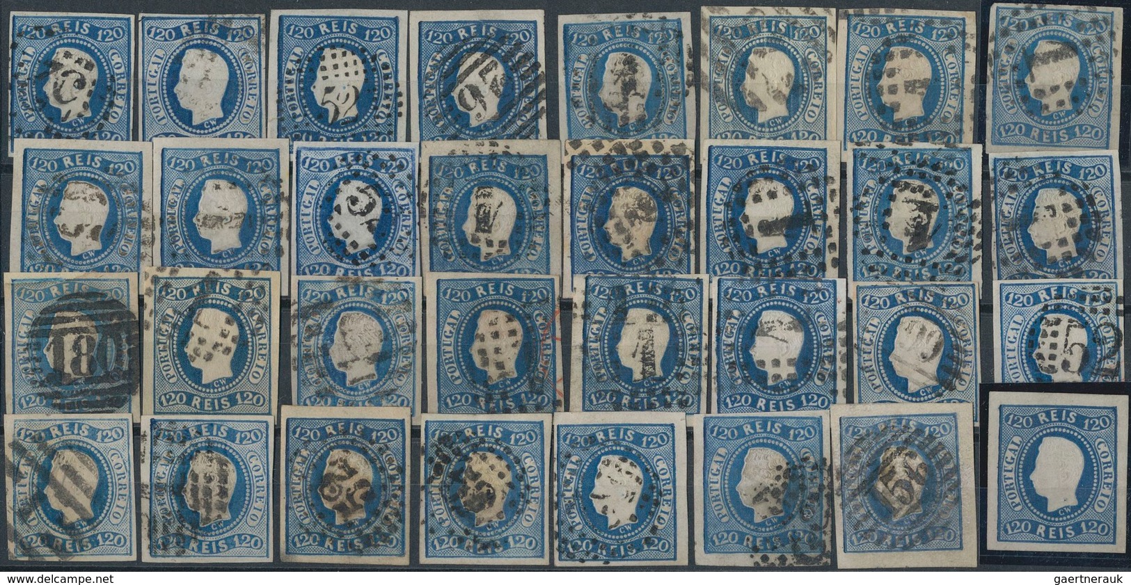 Portugal: 1866, Luis I. "Fita Curva" 120 R. Blue, One Unused And 56 Used Copies Of This Stamp, Many - Other & Unclassified