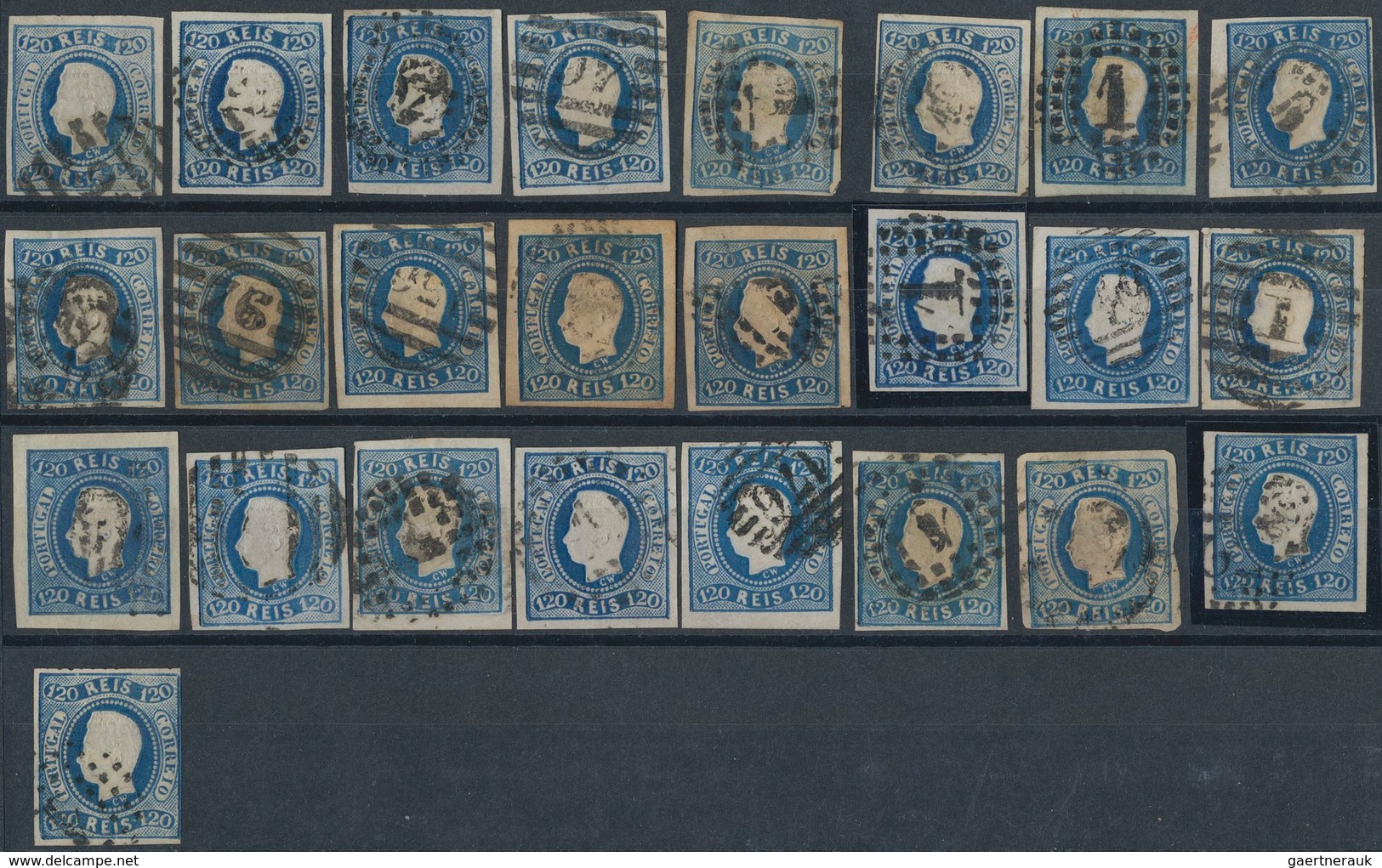 Portugal: 1866, Luis I. "Fita Curva" 120 R. Blue, One Unused And 56 Used Copies Of This Stamp, Many - Other & Unclassified