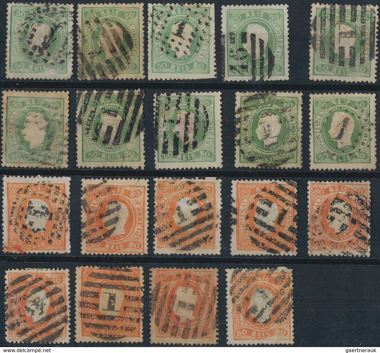 Portugal: 1867, Luis I. "Fita Curva" Perforated 50 R. Green & 80 R. Orange, Nice Lot Of Ten Copies O - Autres & Non Classés