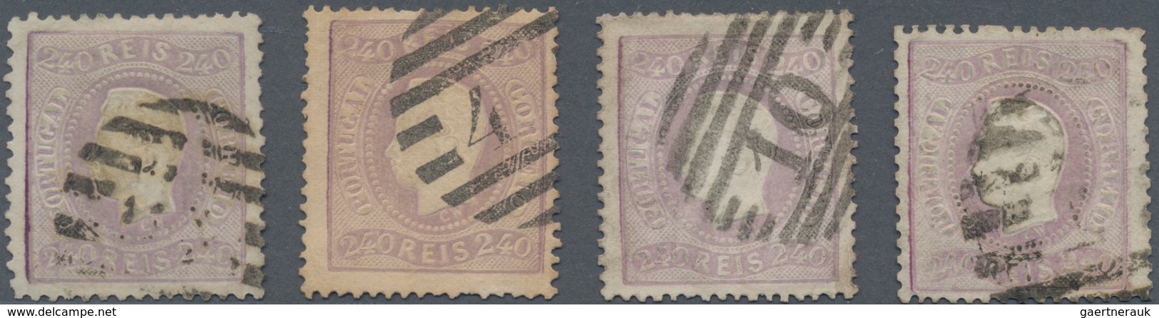 Portugal: 1870, Luis I. "Fita Curva" Perforated 240 R. Purple, Lot Of Four Used Copies Of This Rare - Other & Unclassified