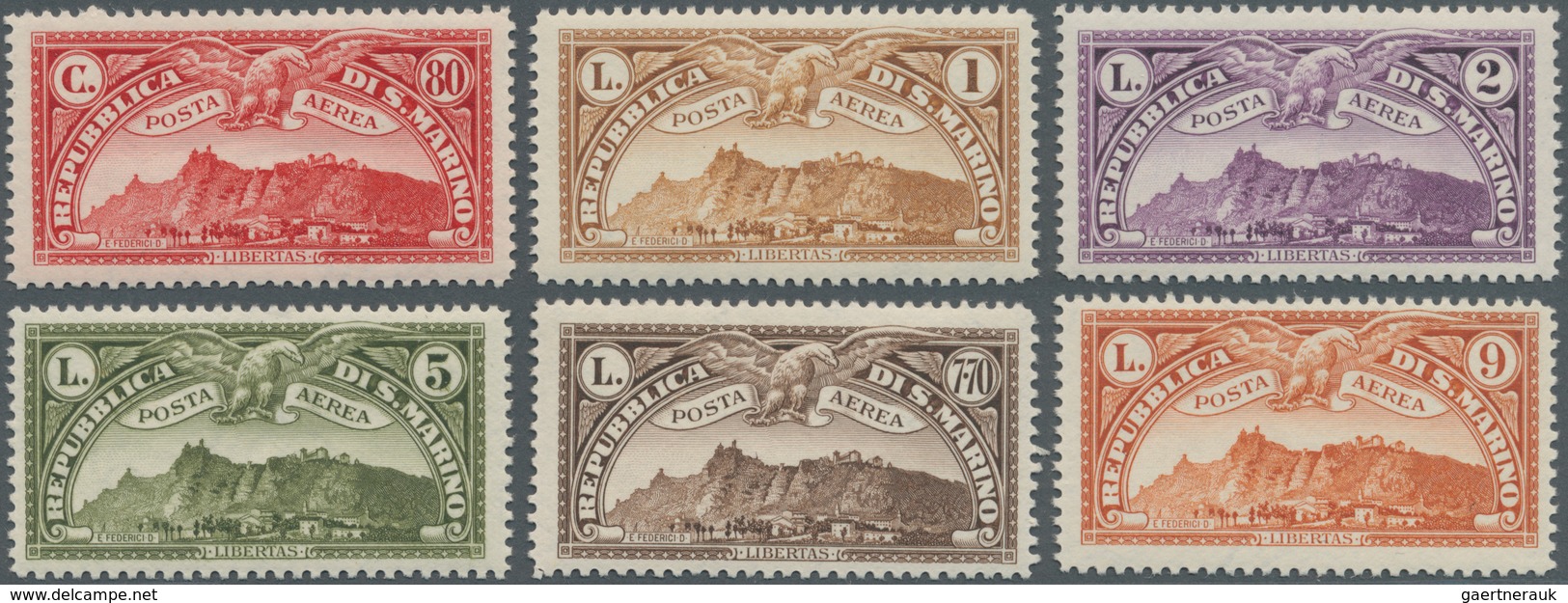 San Marino: 1931, Duplicated Lot Six Different Airmail Stamps ‚Monte Titano‘ In Different Quantities - Oblitérés