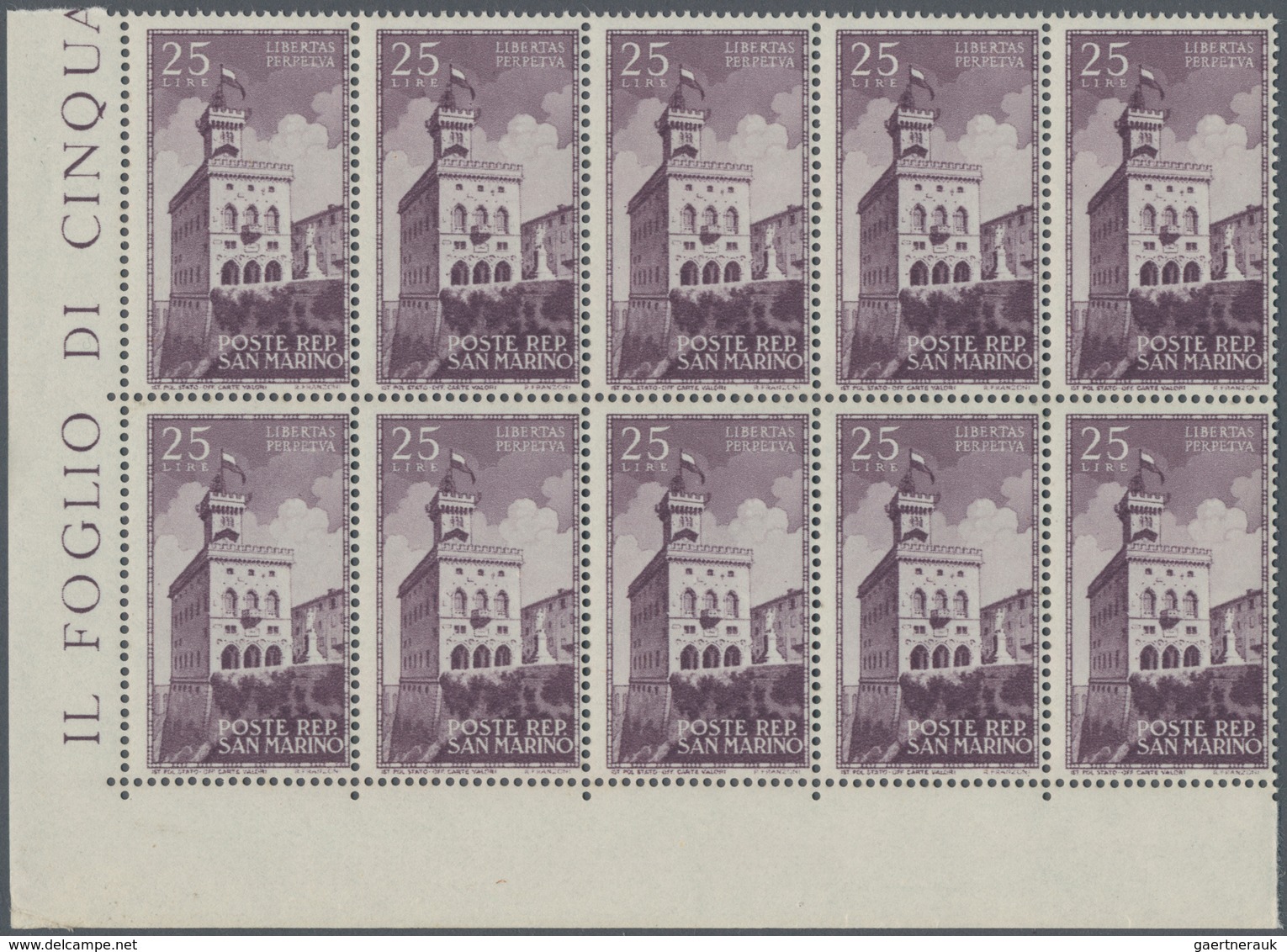 San Marino: 1945, 50 Years Government Palace 25l. Dark-lilac In A Lot With 325 Stamps In Large Block - Oblitérés