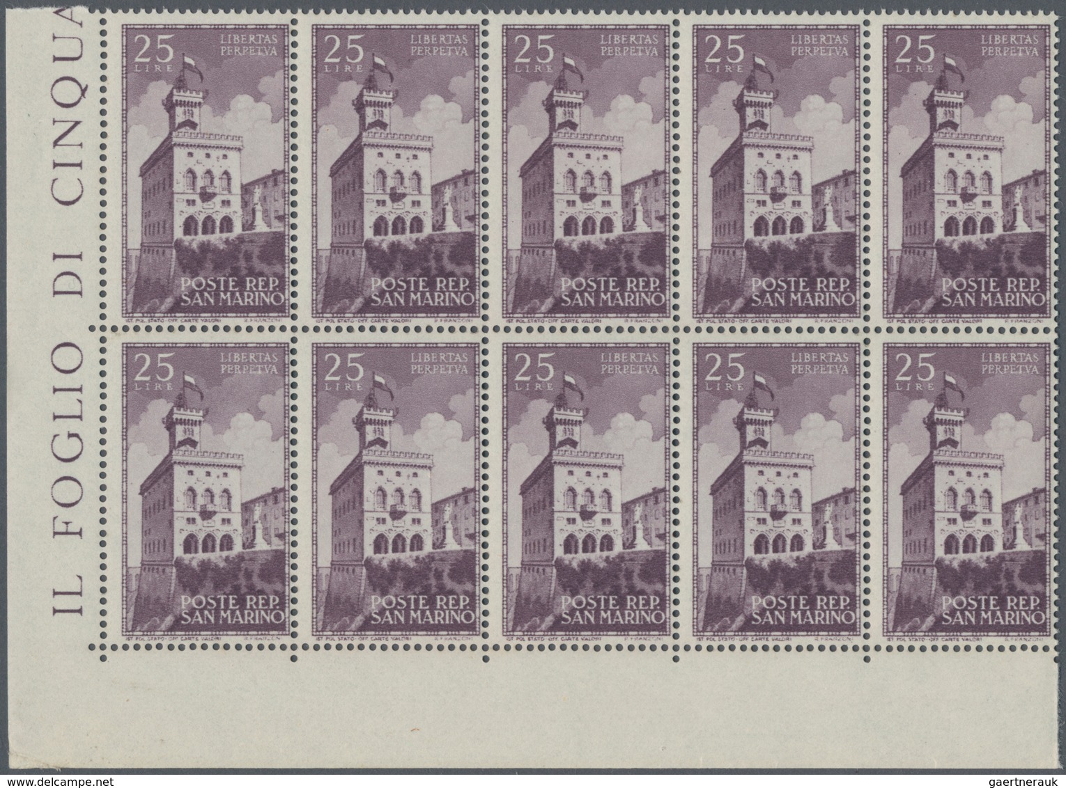 San Marino: 1945, 50 Years Government Palace 25l. Dark-lilac In A Lot With 325 Stamps In Large Block - Usados