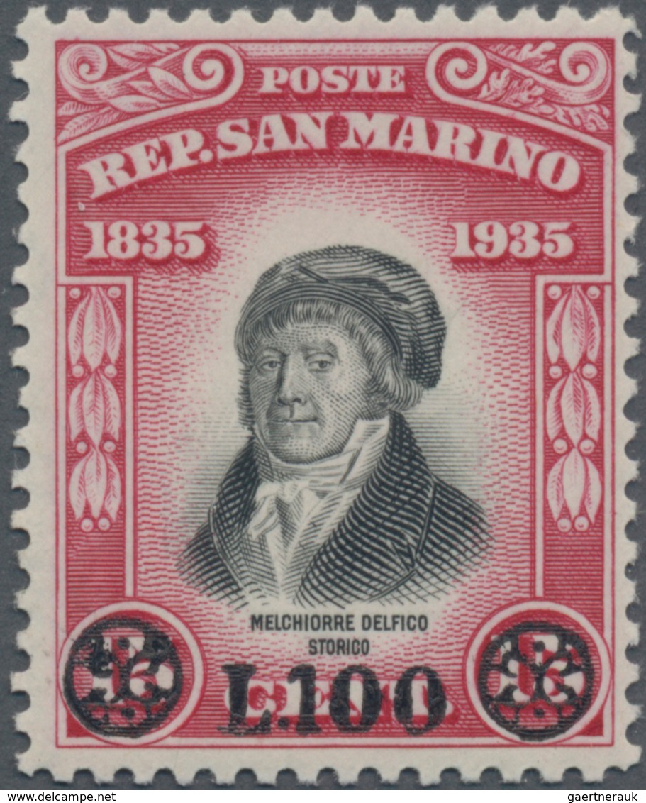 San Marino: 1948, Melcchiorre Delfico 15c. Carmine/black Surcharged ‚L.100‘ In A Lot With 15 Stamps, - Oblitérés