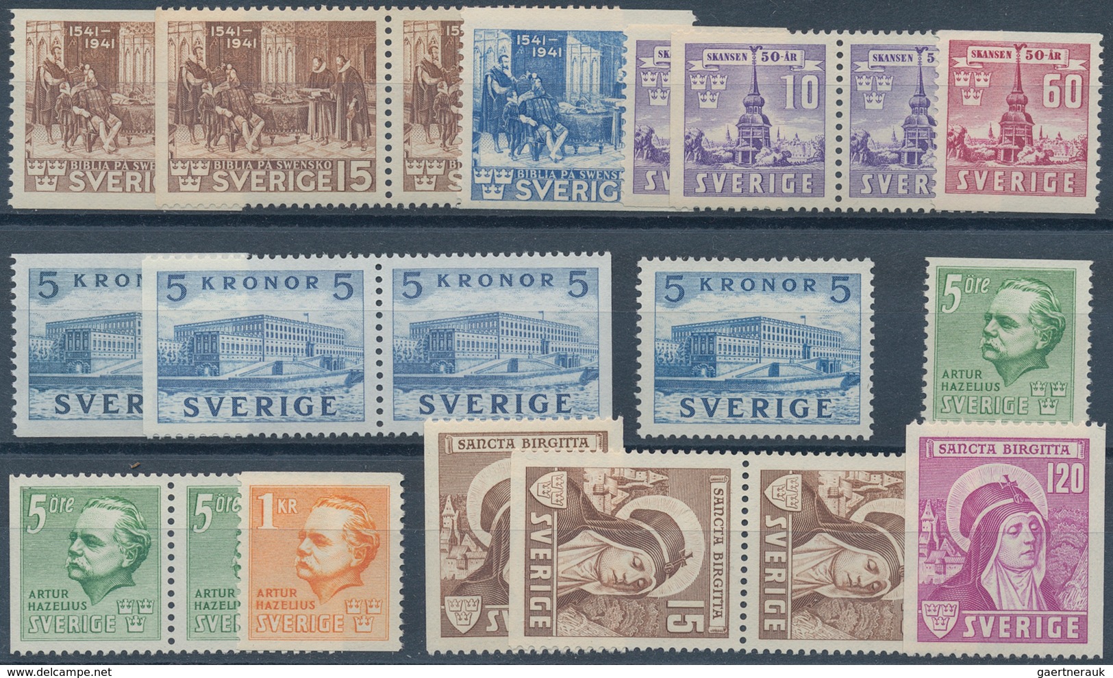 Schweden: 1940/1945, Complete Year Sets Mint Never Hinged: 1940 - 23 Sets, 1941 - 7 Sets, 1943 - 30 - Briefe U. Dokumente