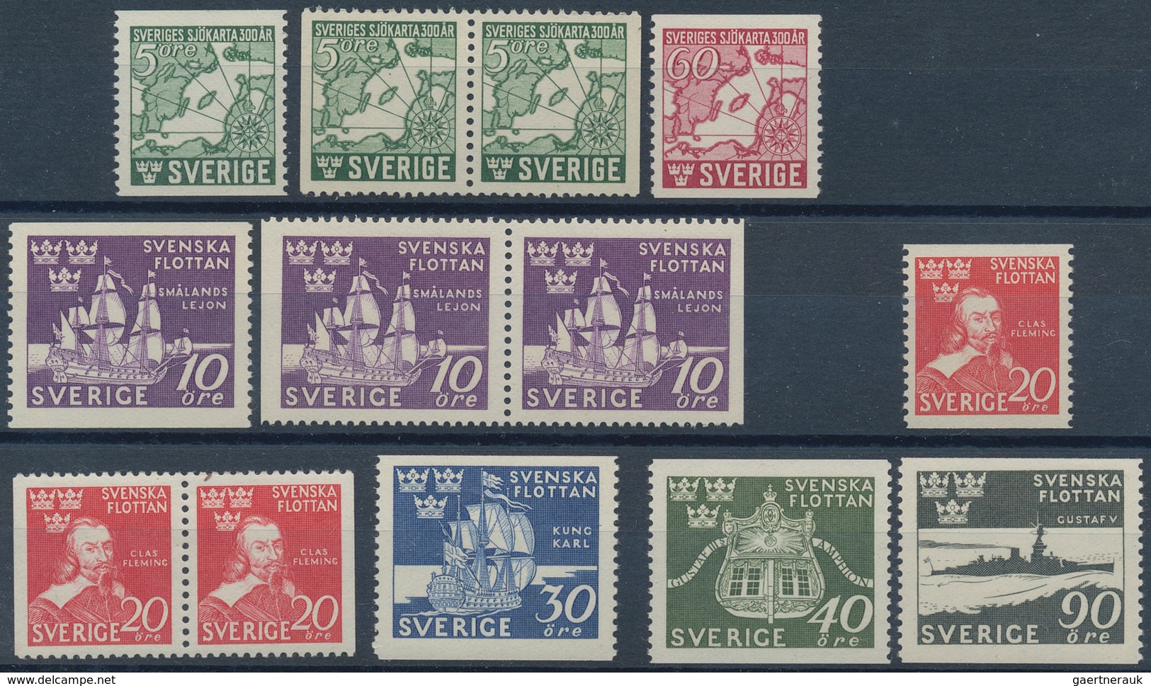 Schweden: 1940/1945, Complete Year Sets Mint Never Hinged: 1940 - 23 Sets, 1941 - 7 Sets, 1943 - 30 - Covers & Documents