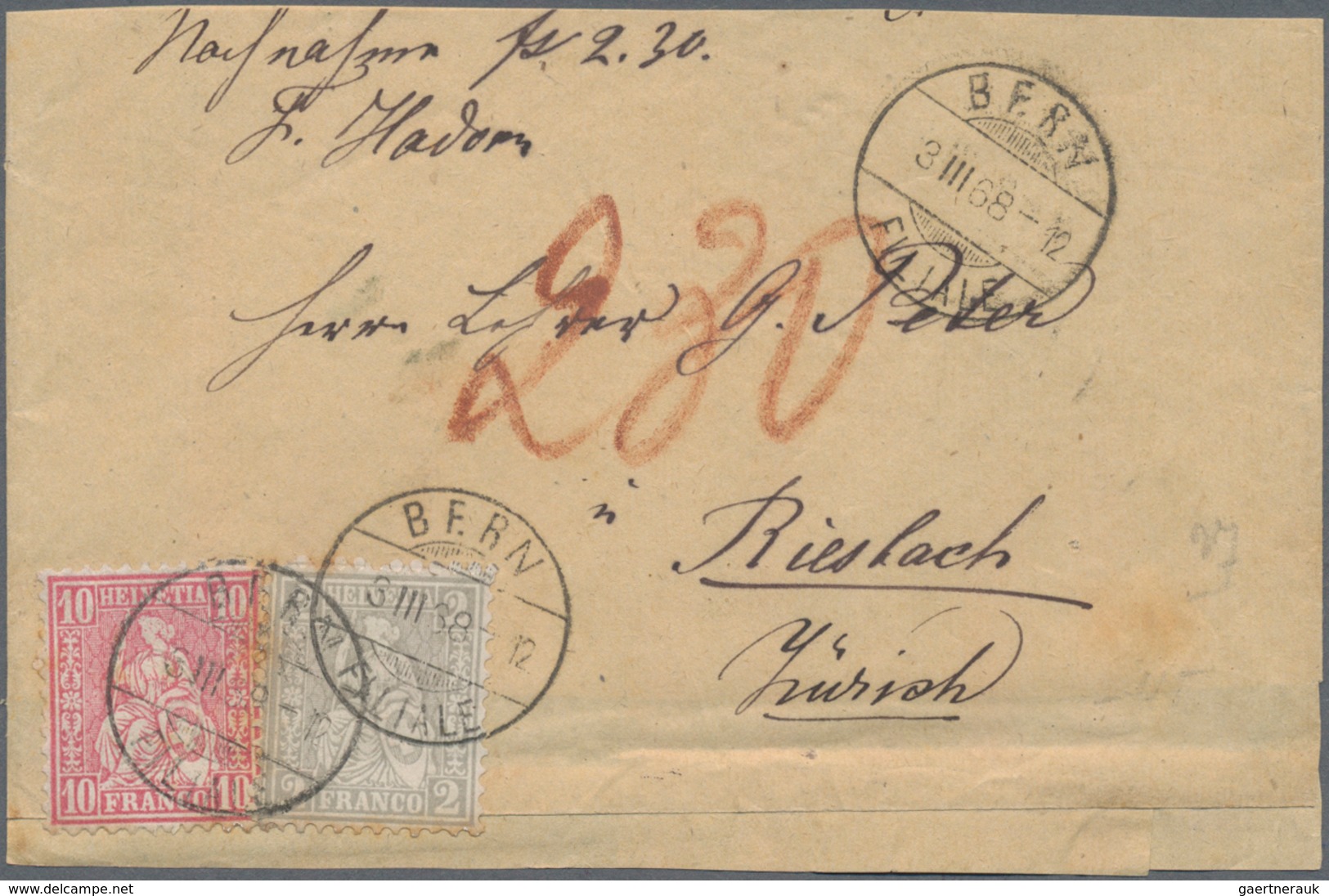 Schweiz: 1852/1900 (ca.), vielseitiger Posten von rund 150 Belegen ab Rayon mit Farbfrankatur, Paar