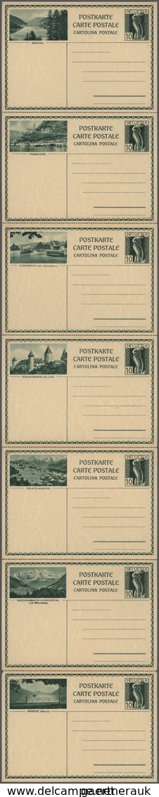Schweiz - Ganzsachen: 1929 Komplette Serie Von 28 Bildpostkarten 10 Rappen Grün Auf Rahmfarben In Vi - Postwaardestukken