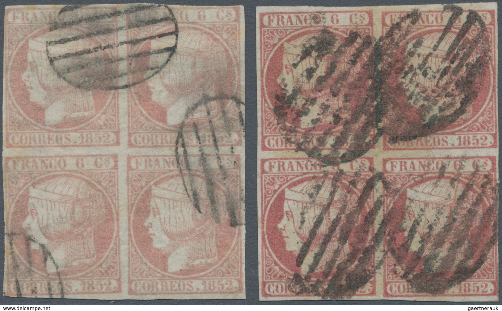 Spanien: 1852, Used Lot Of 20 Stamps Incl. Two Blocks Of Four And One Pair, Enclosed Is One Certific - Briefe U. Dokumente