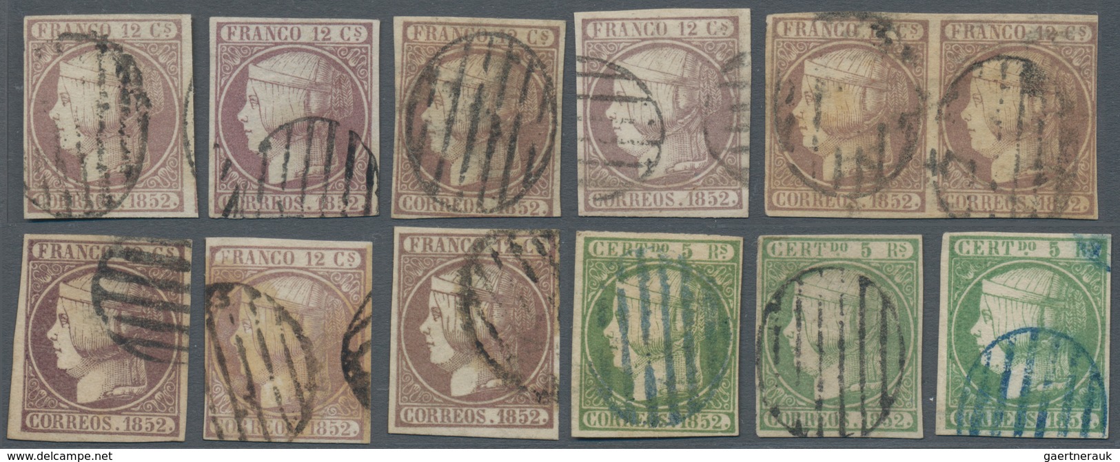 Spanien: 1852, Used Lot Of 20 Stamps Incl. Two Blocks Of Four And One Pair, Enclosed Is One Certific - Lettres & Documents