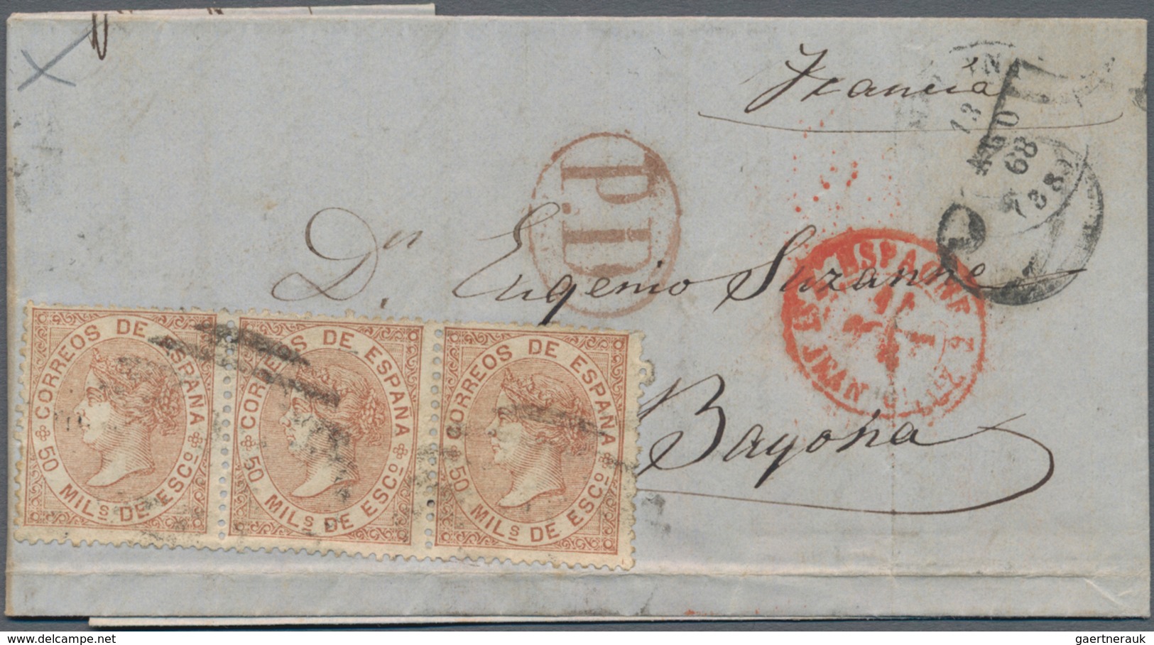 Spanien: 1868/1876, Five Folded Letters All Franked To France. One Letter With "T" Mark For Underpai - Briefe U. Dokumente