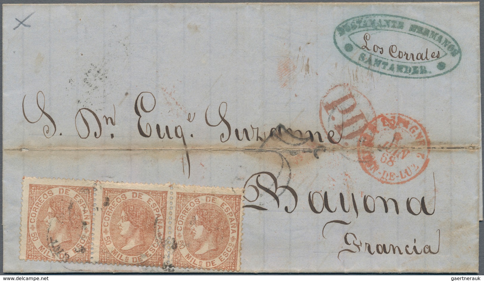 Spanien: 1868/1876, Five Folded Letters All Franked To France. One Letter With "T" Mark For Underpai - Briefe U. Dokumente