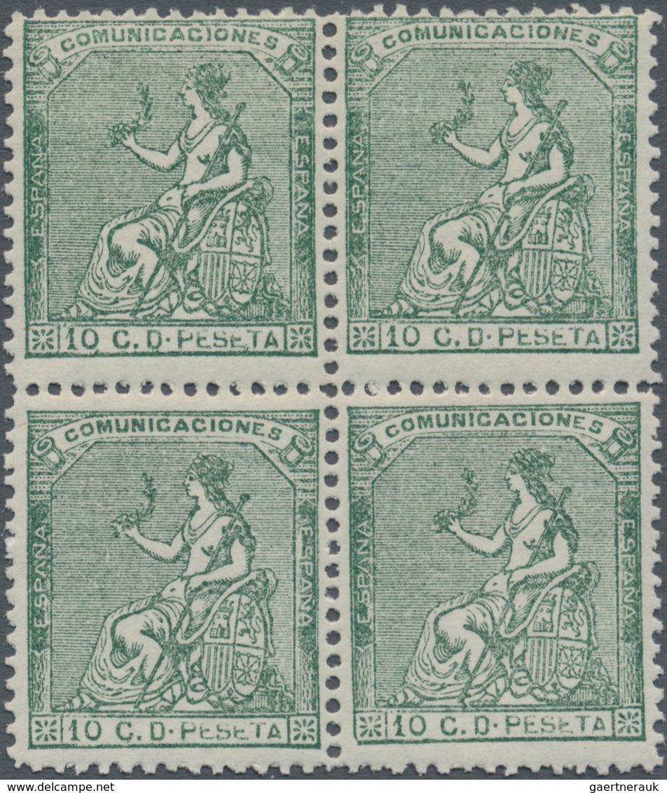 Spanien: 1873, Sitting Hispania 10c. Dark-green In A Lot With Approx. 500 Stamps In Blocks Of Four ( - Covers & Documents