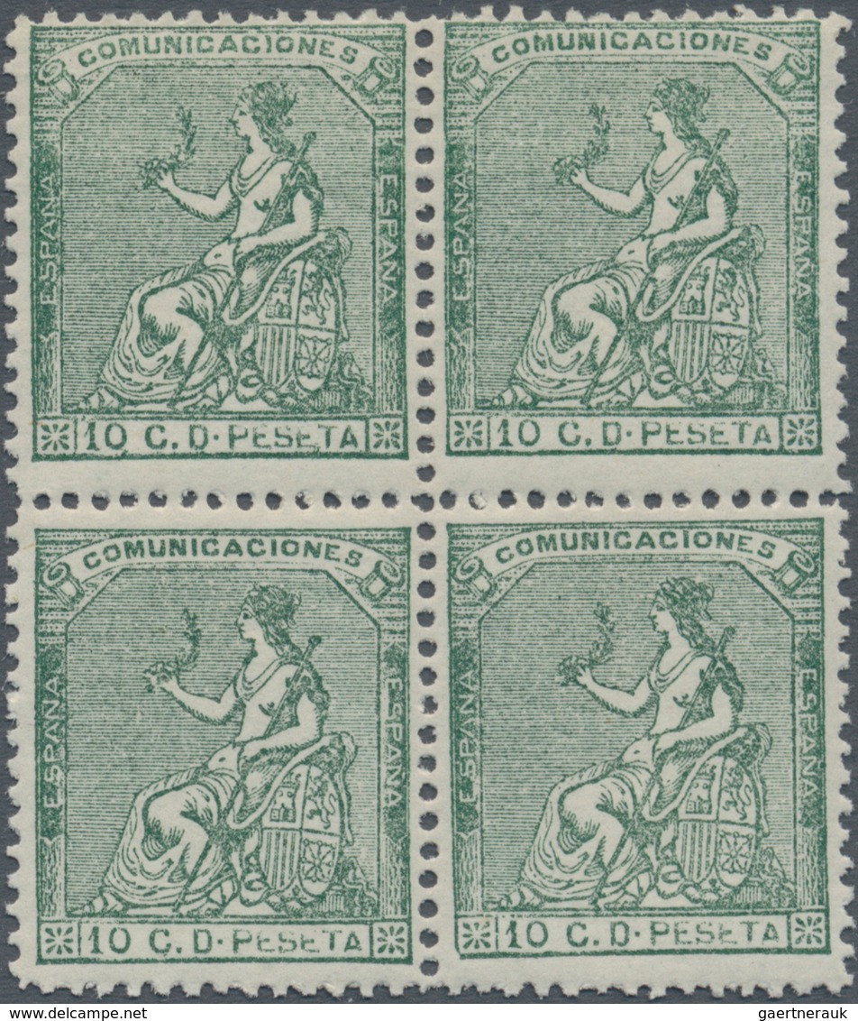 Spanien: 1873, Sitting Hispania 10c. Dark-green In A Lot With Approx. 500 Stamps In Blocks Of Four ( - Briefe U. Dokumente