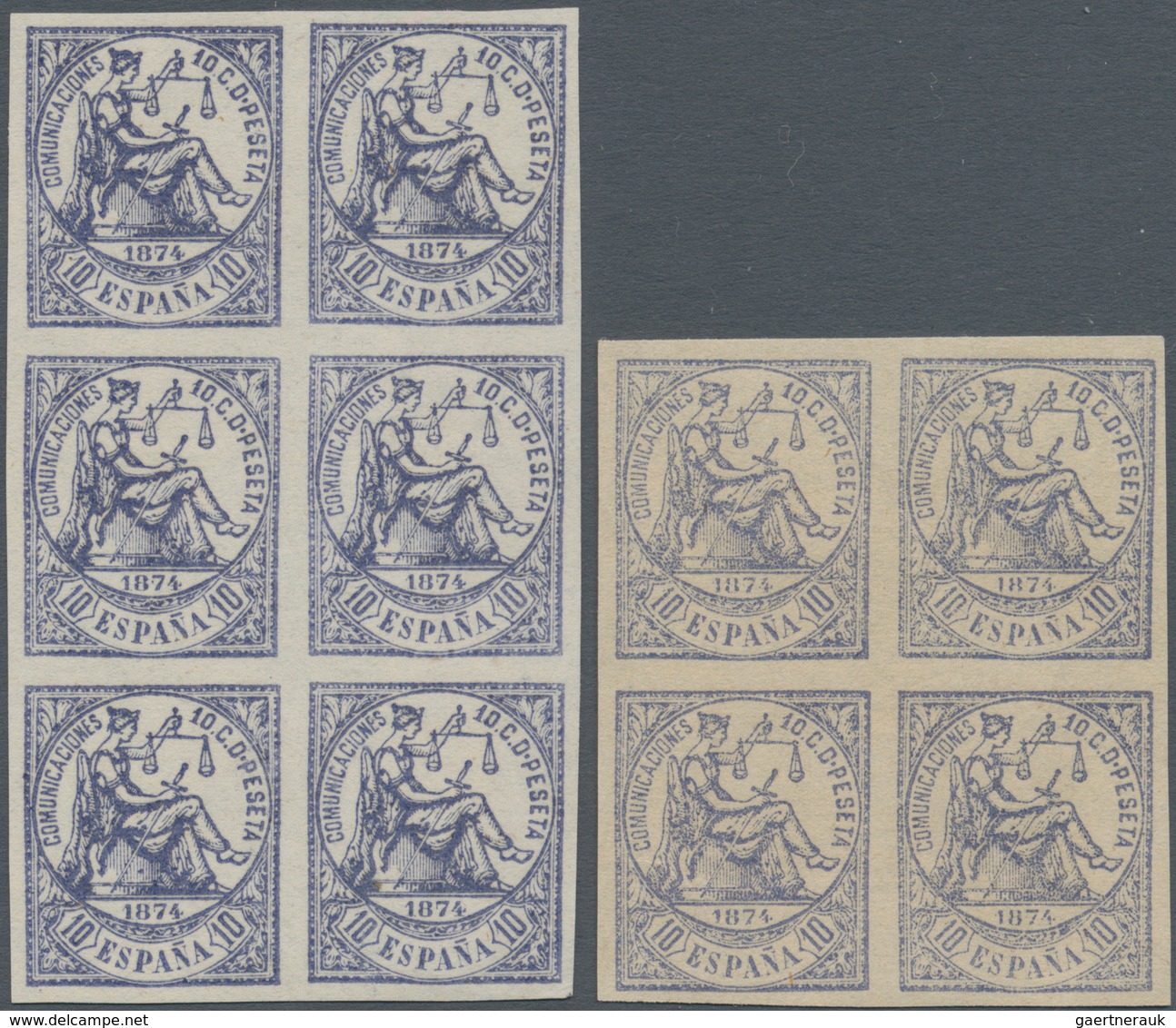Spanien: 1874, Allegory Of Justice 10c. Blue In A Lot With Approx. 500 IMPERFORATE Stamps On Thin Wh - Lettres & Documents