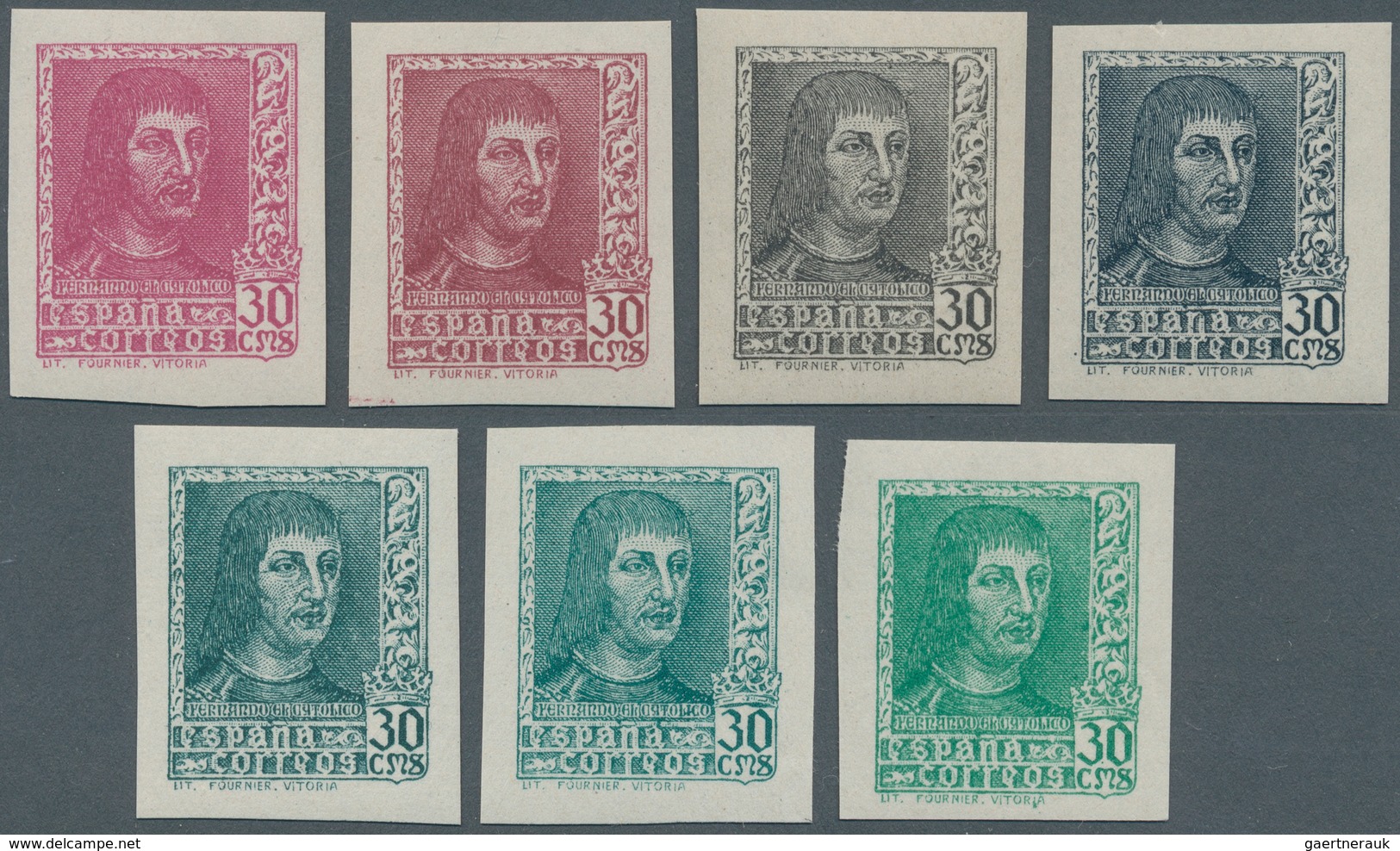 Spanien: 1938, Ferdinand II. 30c. ‚Lit. Fournier Vitoria‘ In A Lot With About 1.200 IMPERFORATE COLO - Lettres & Documents