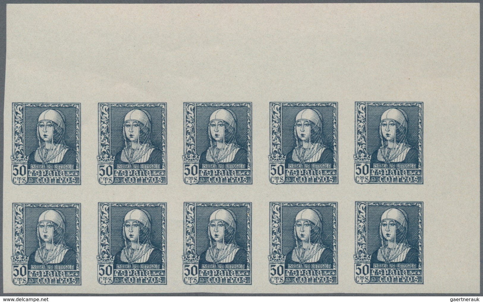 Spanien: 1938, Queen Isabella Definitives Five Different IMPERFORATE Stamps In Different Quantities - Lettres & Documents