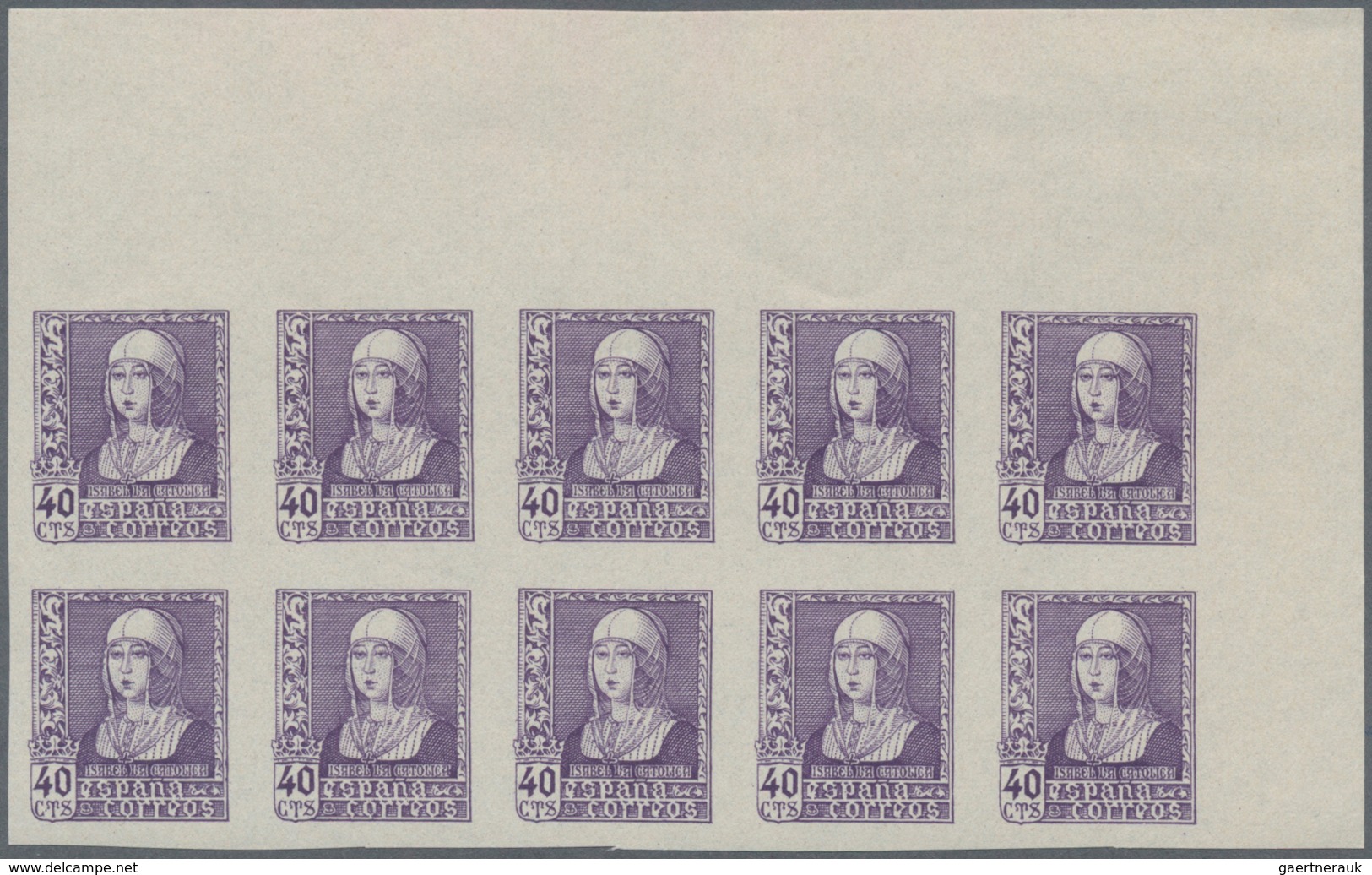 Spanien: 1938, Queen Isabella Definitives Five Different IMPERFORATE Stamps In Different Quantities - Cartas & Documentos