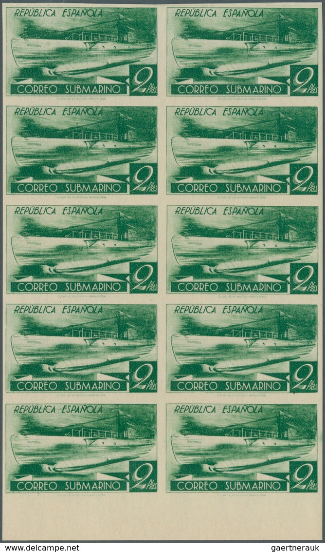 Spanien: 1938, Submarine 'A 1' 2pta. IMPERFORATE PROOF In Green In A Large Lot With About 550 Proofs - Lettres & Documents