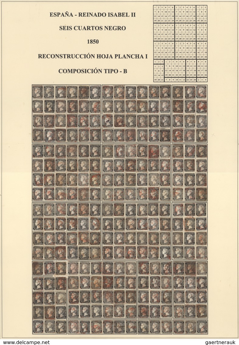 Spanien: 1850, 6 Cuartos Black, Queen Isabel II. Six Complete Plate Reconstructions. 15*17 = 255 Sta - Briefe U. Dokumente