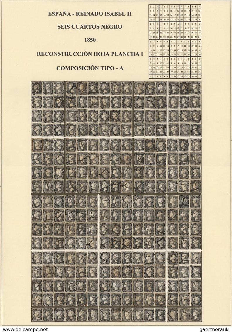 Spanien: 1850, 6 Cuartos Black, Queen Isabel II. Six Complete Plate Reconstructions. 15*17 = 255 Sta - Lettres & Documents