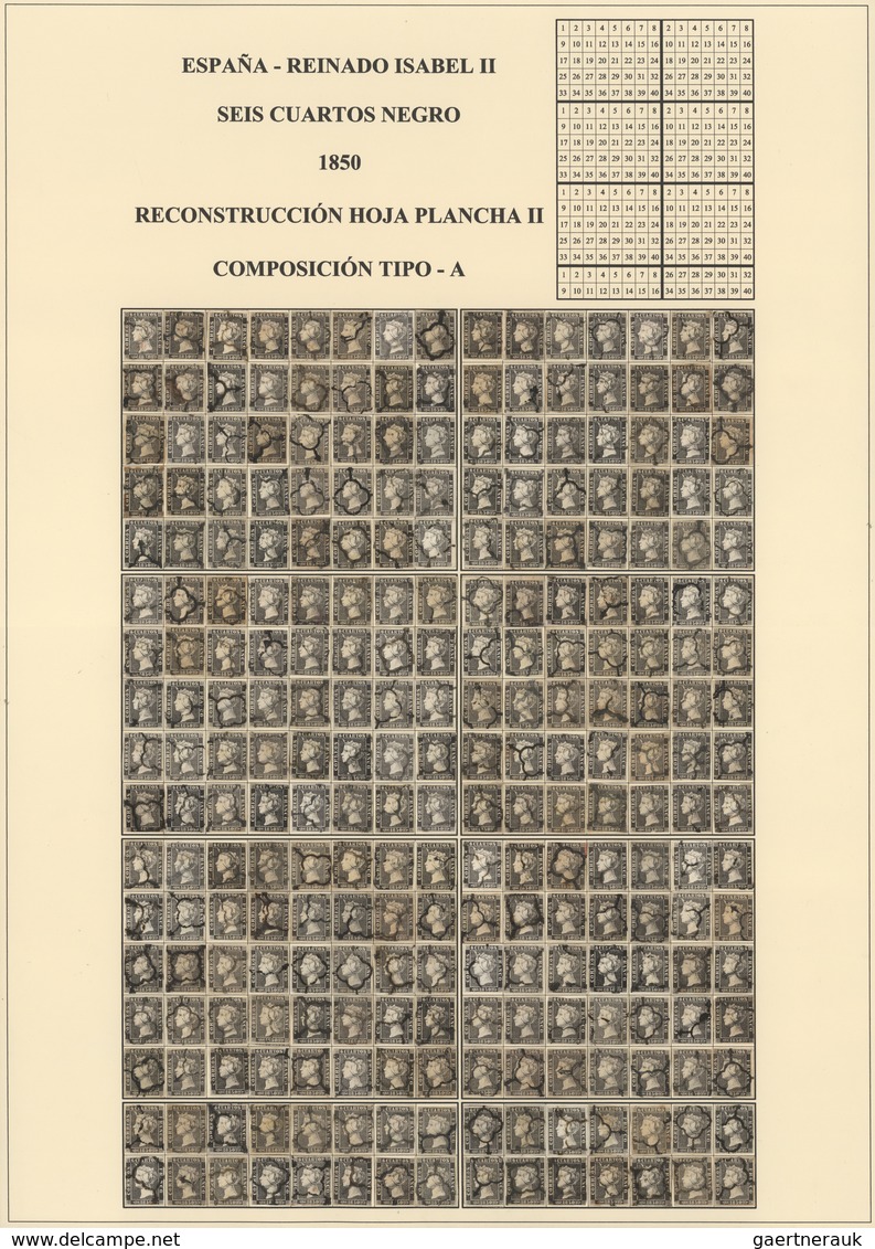 Spanien: 1850, 6 Cuartos Black, Queen Isabel II. Six Complete Plate Reconstructions. 15*17 = 255 Sta - Cartas & Documentos