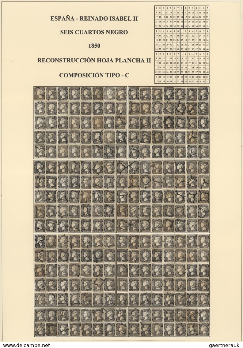 Spanien: 1850, 6 Cuartos Black, Queen Isabel II. Six Complete Plate Reconstructions. 15*17 = 255 Sta - Briefe U. Dokumente
