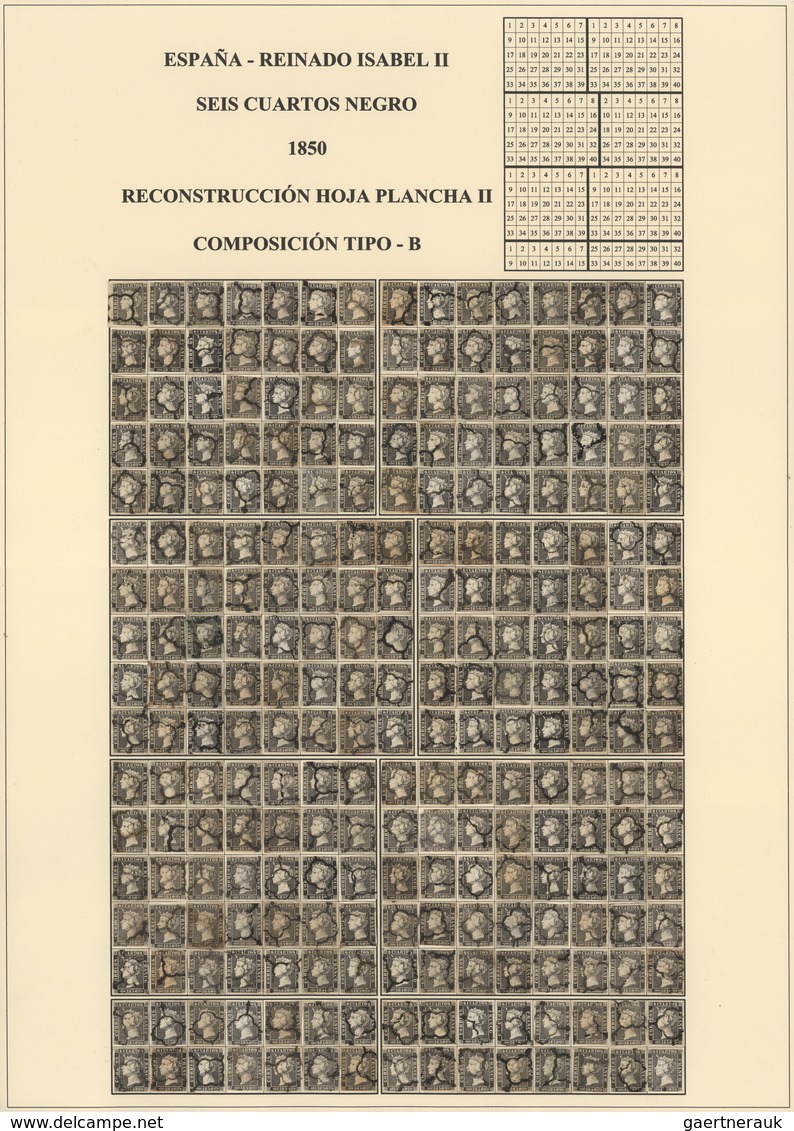 Spanien: 1850, 6 Cuartos Black, Queen Isabel II. Six Complete Plate Reconstructions. 15*17 = 255 Sta - Lettres & Documents