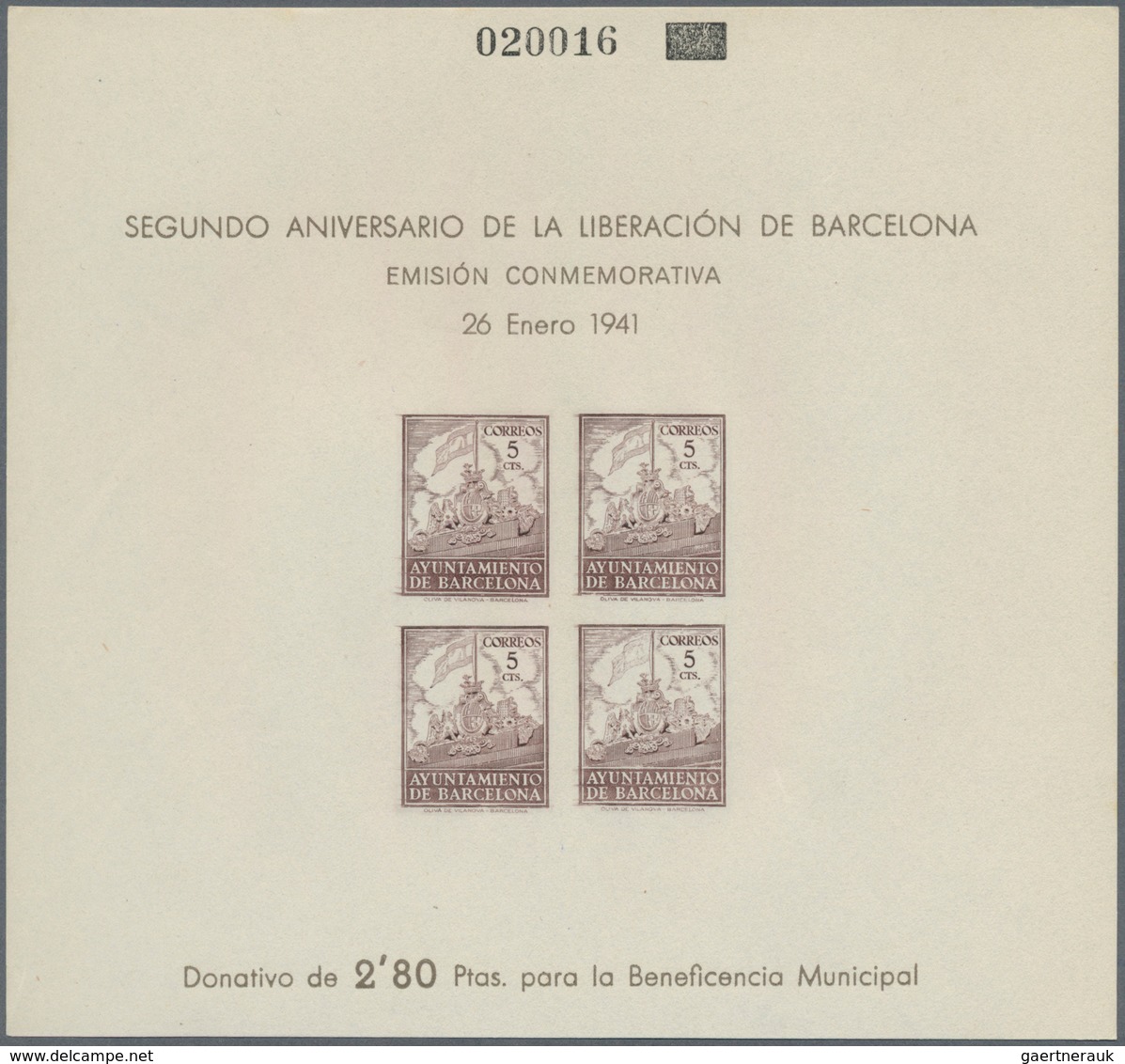 Spanien - Zwangszuschlagsmarken Für Barcelona: 1941, Coat Of Arms With Flag At Top Of Town Gate Of B - Oorlogstaks