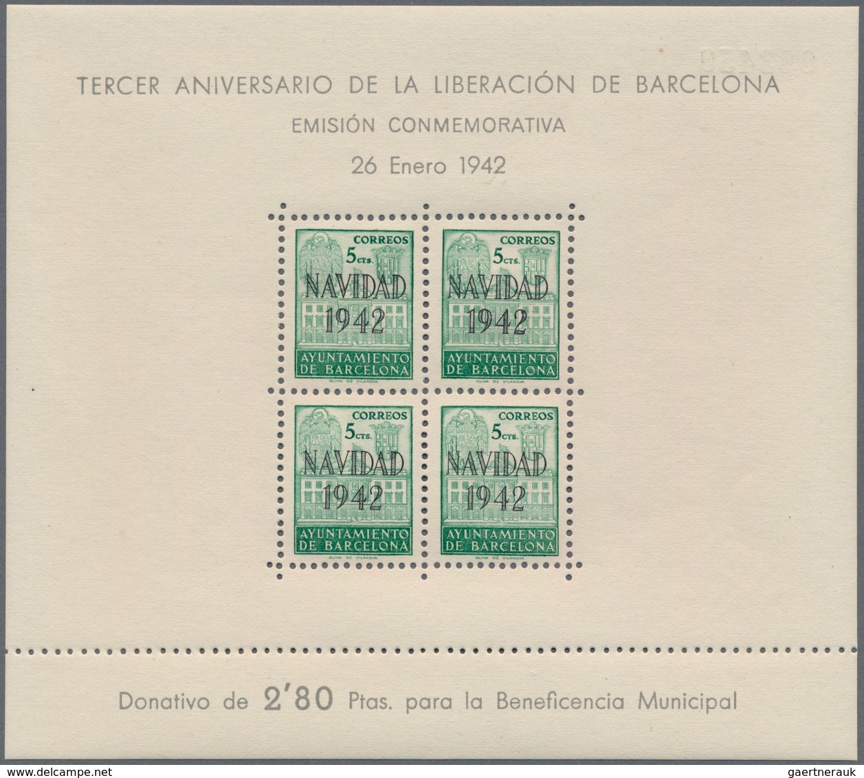 Spanien - Zwangszuschlagsmarken Für Barcelona: 1942, Town Hall Of Barcelona Miniature Sheets 4 X 5c. - War Tax