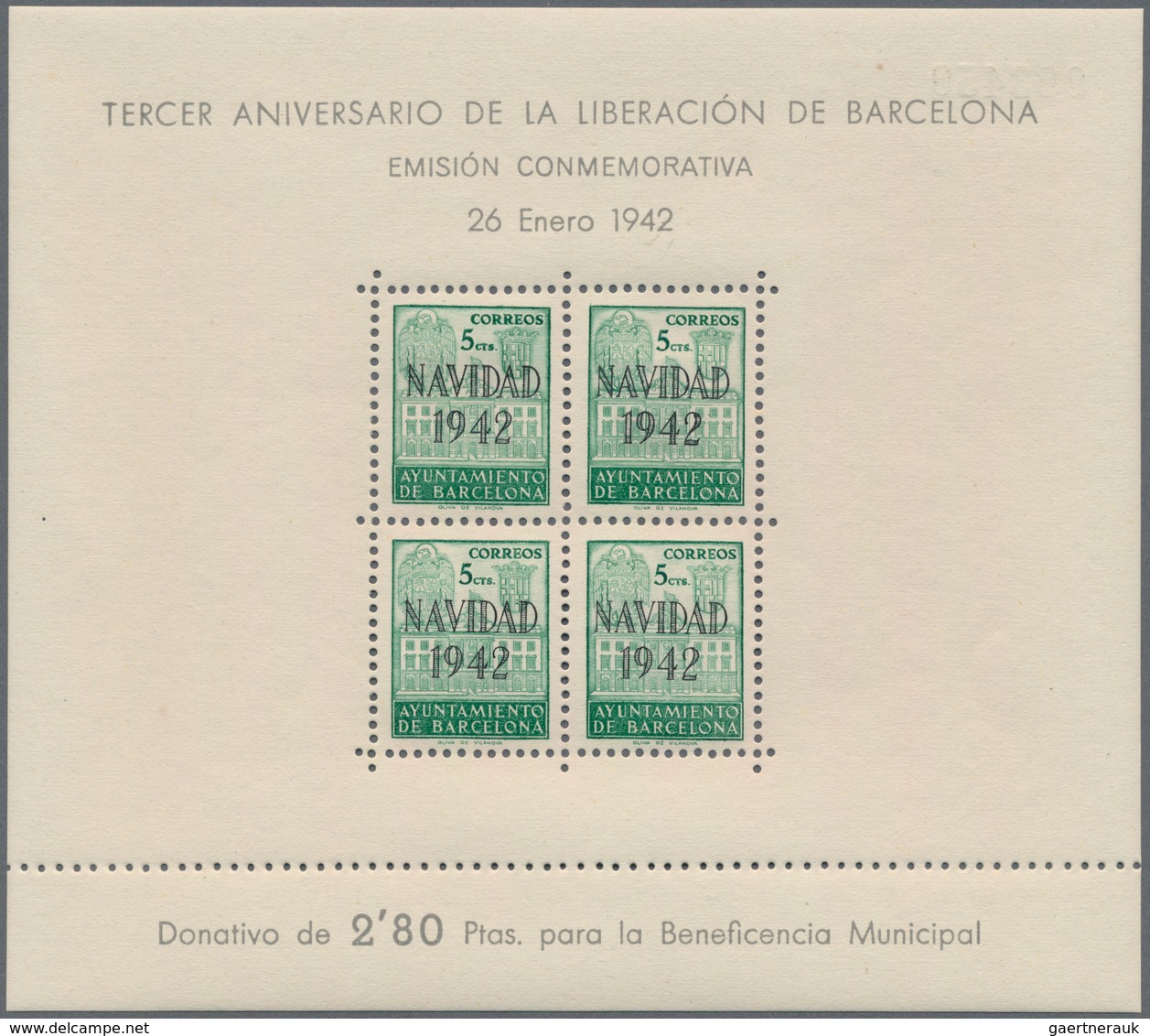 Spanien - Zwangszuschlagsmarken Für Barcelona: 1942, Town Hall Of Barcelona Miniature Sheets 4 X 5c. - Oorlogstaks