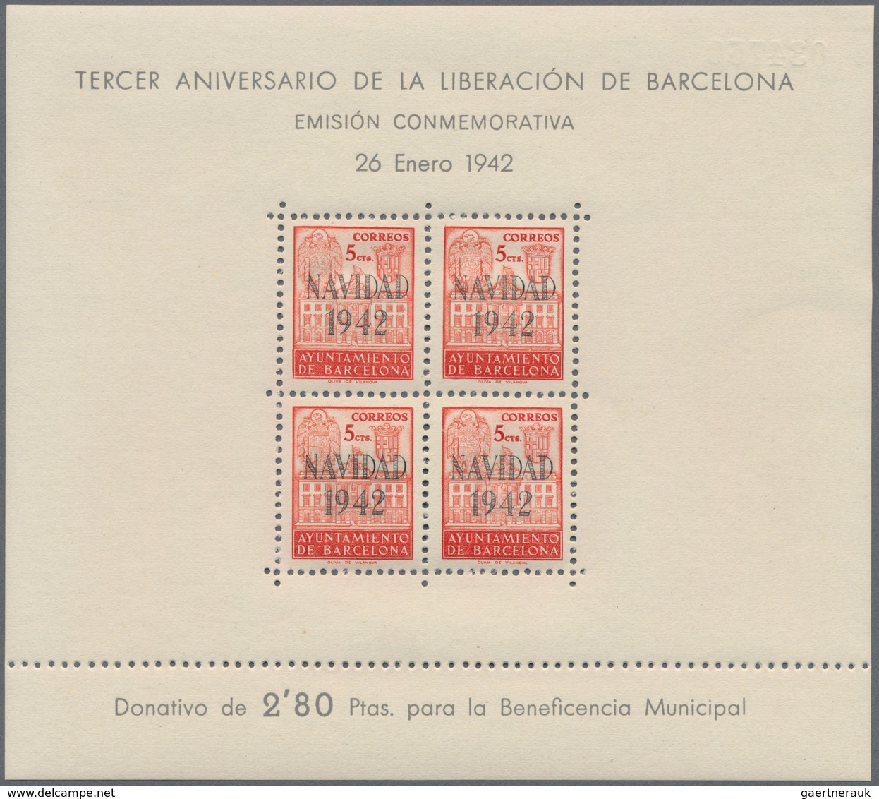 Spanien - Zwangszuschlagsmarken Für Barcelona: 1942, Town Hall Of Barcelona Miniature Sheets 4 X 5c. - Impots De Guerre