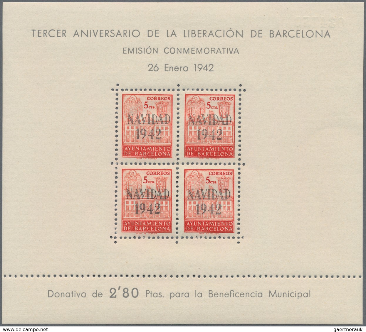 Spanien - Zwangszuschlagsmarken Für Barcelona: 1942, Town Hall Of Barcelona Miniature Sheets 4 X 5c. - Oorlogstaks