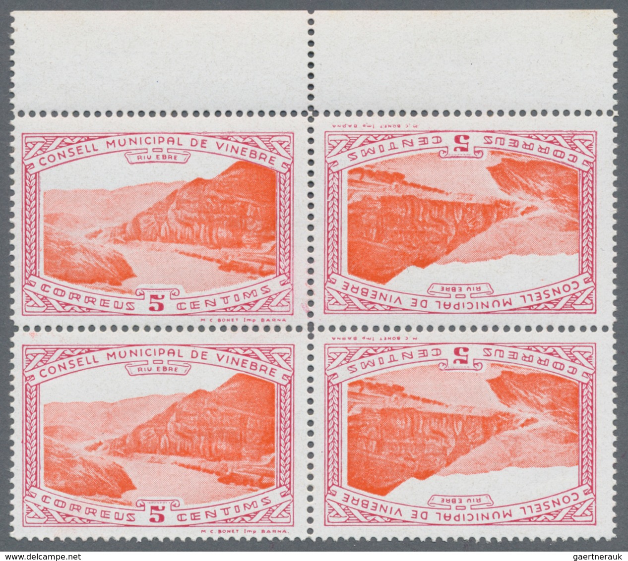 Spanien - Lokalausgaben: 1937, VINEBRE: Accumulation Of Local 5 Cents Stamps 'CONSELL MUNICIPAL DE V - Nationalist Issues