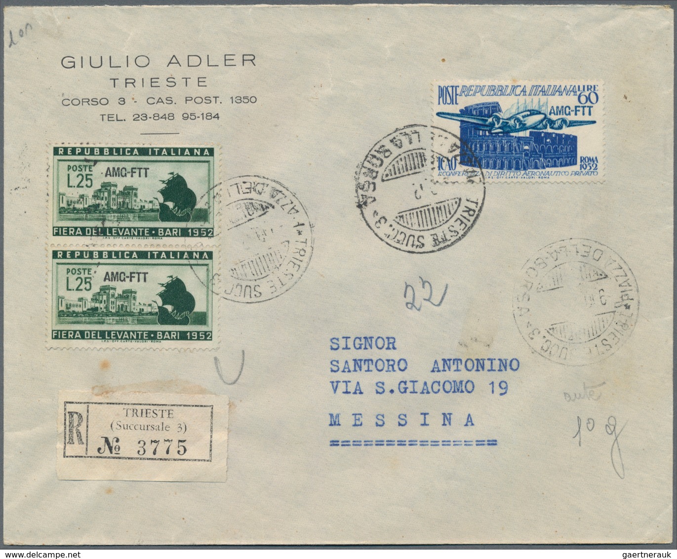 Triest - Zone A: 1952/1954, Lot Of 19 Registered Covers To Messina With Arrival Mark, Bearing Commem - Used