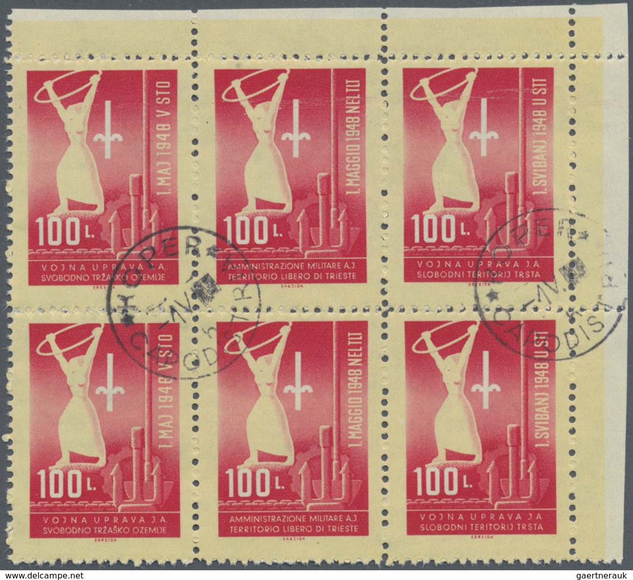 Triest - Zone B: 1948, Labor Day 100l. Carmine On Yellowish Se-tenant Set Of Three Diff. Languages I - Used