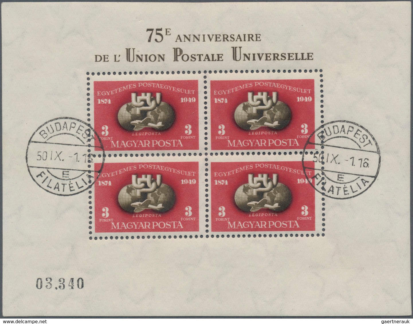 Ungarn: 1950, 75th Anniversary Of UPU, Lot Of Four Souvenir Sheets: Perf. Sheet MNH, Used And On F.d - Brieven En Documenten