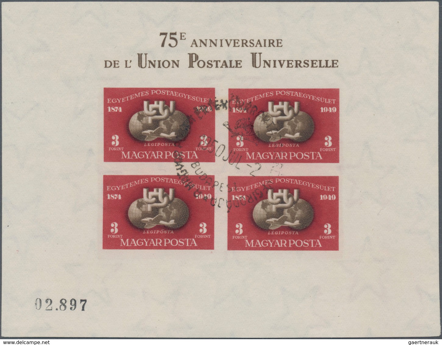 Ungarn: 1950, 75th Anniversary Of UPU, Lot Of Four Souvenir Sheets: Perf. Sheet MNH, Used And On F.d - Briefe U. Dokumente